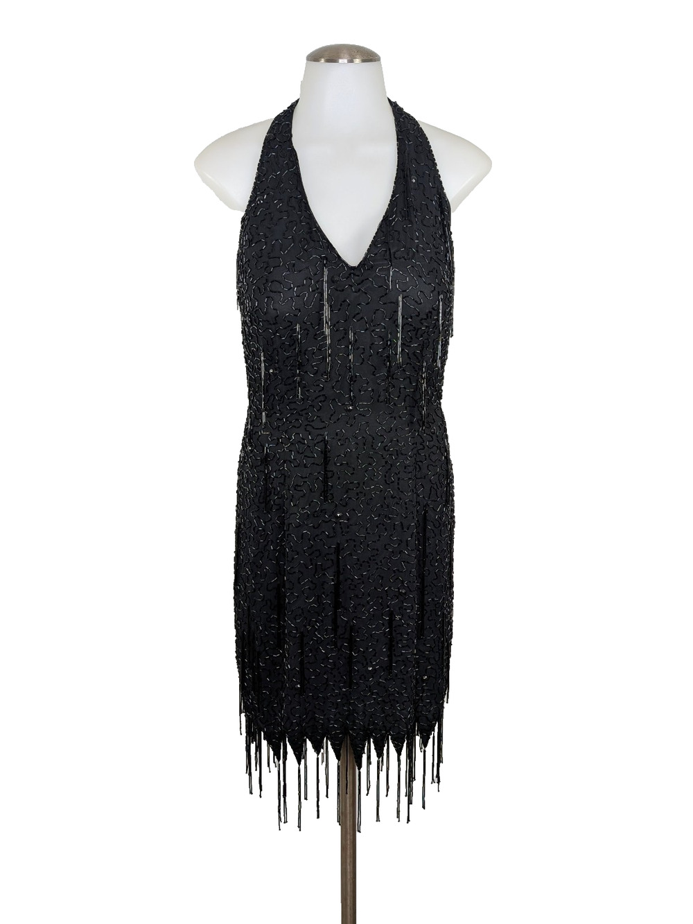 VTG 1980s Silk Beaded Halter Dress 8 Black Whimsigoth Witchy Old Hollywood Glam
